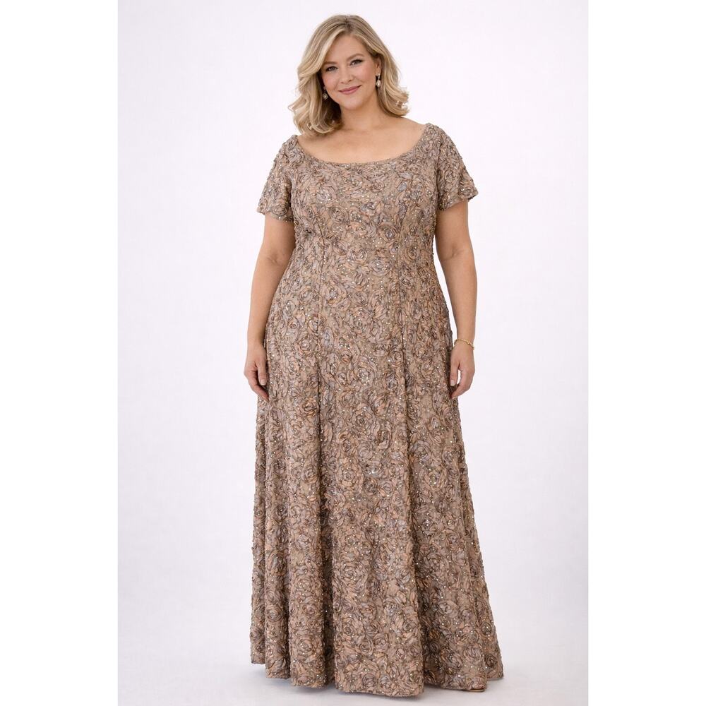Alex Evenings Taupe Rosette Sequin Lace Short Sleeve Gown Size 18 Plus